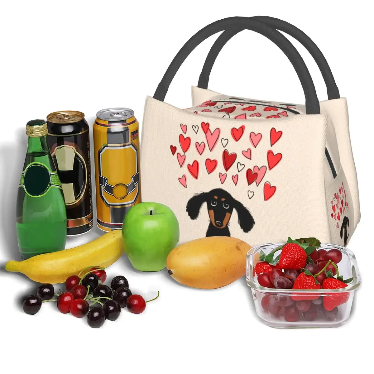 Cute Dachshund Dog Lunch Bag Valentine Hearts Fun Lunch Box Picnic Portable Thermal Tote Handbags Print Cooler Bag