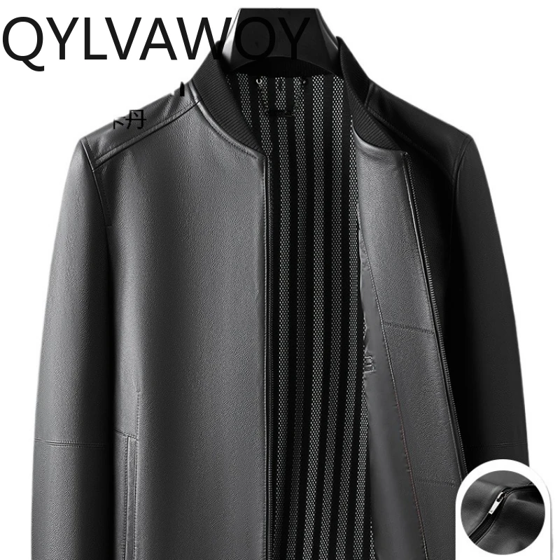 

QYLVAWOY 2025 осень-зима из натуральной яловой кожи, мужская кожаная куртка с бейсбольным воротником, верхняя одежда в мотоциклетном стиле среднего возраста LJ2627