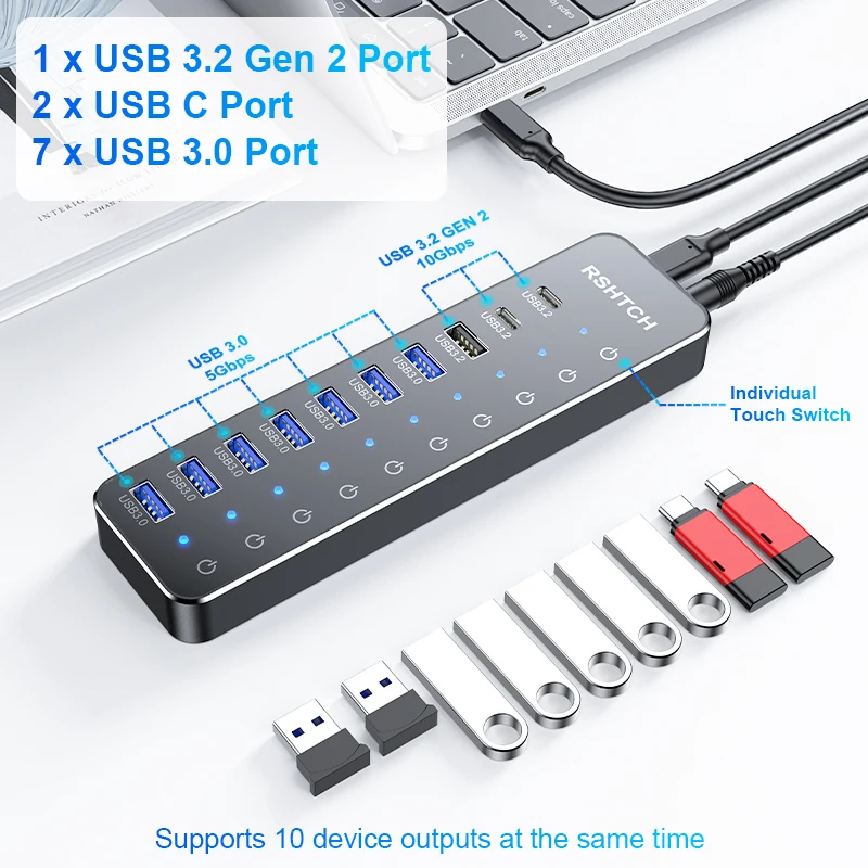 RSHTECH USB C Hub 10Gbps Laptop USB Hub Individual Touch Switches 10-IN-1 Aluminum Multiport Adapter for Macbook Accessories