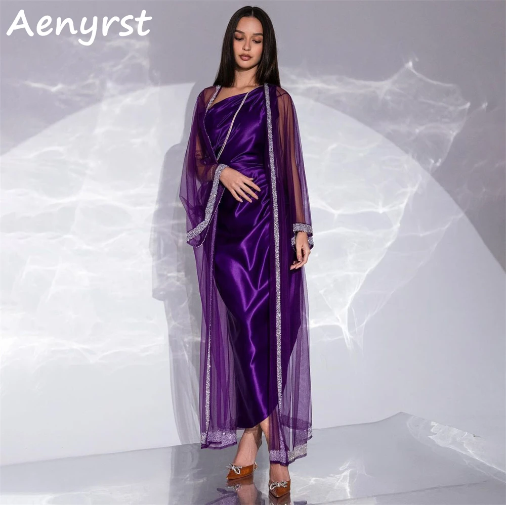 

Aenyrst Purple One Shoulder Satin Saudi Arabia Evening Dresses Mermaid With Jacket Prom Dress Tea Length Women Celebrate Gowns