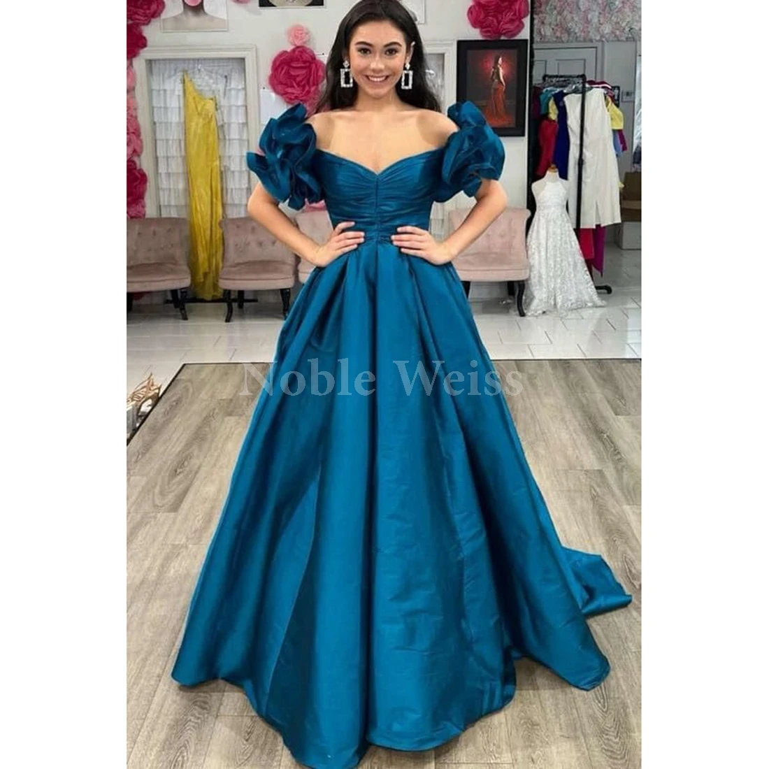 

Women Off Shoulder Satin Prom Dress V Neck Pleat Formal Gown Customize