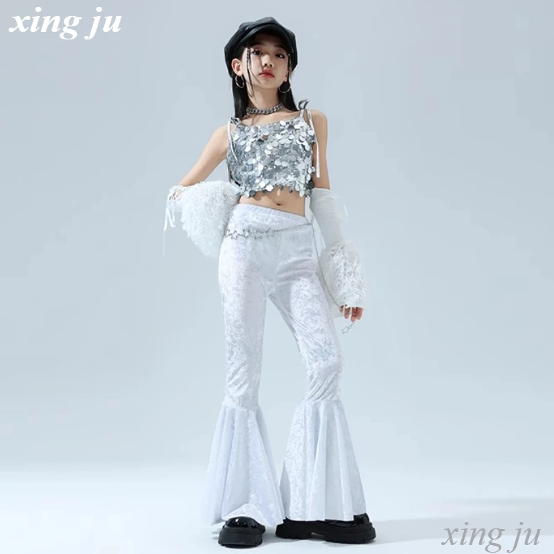 Children Jazz Dance Silver Sequined Sling Tops Girl Street White Tight Flared Trousers Kids Hip Hop Stage Performance Costume