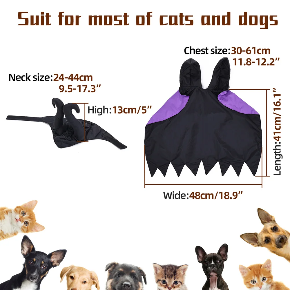 Halloween Dog Costume Black Purple Pet Maleficent Costume for Cats Dogs Adjustable Dog Dress Up Cape with Hat Funny Party Outfit