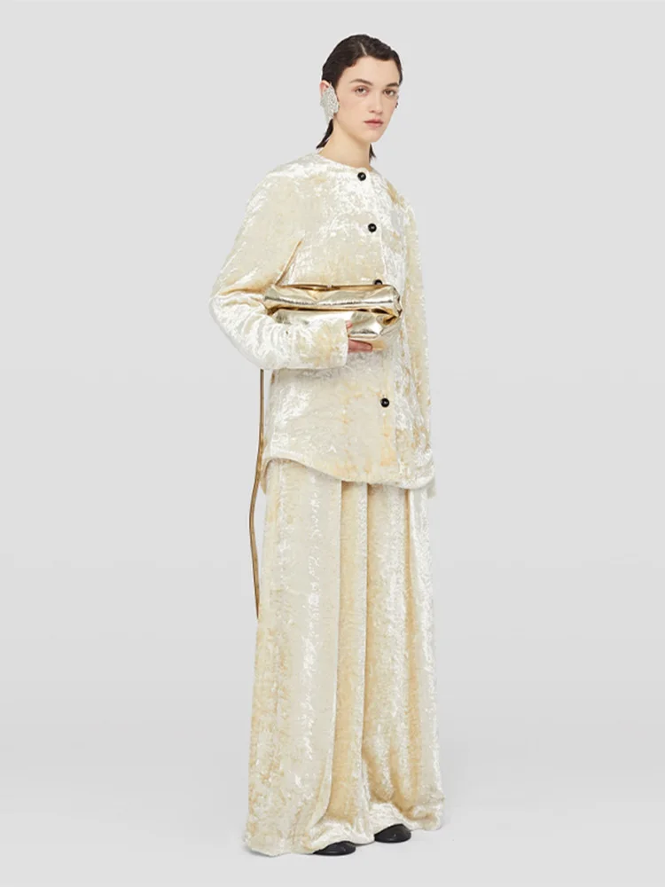 

Elegant Velvet Shirt Loose Pant Set Women Retro Solid O-neck Single Breasted Shirts Long Pants Sets Lady 2025 Chic Street Outfit