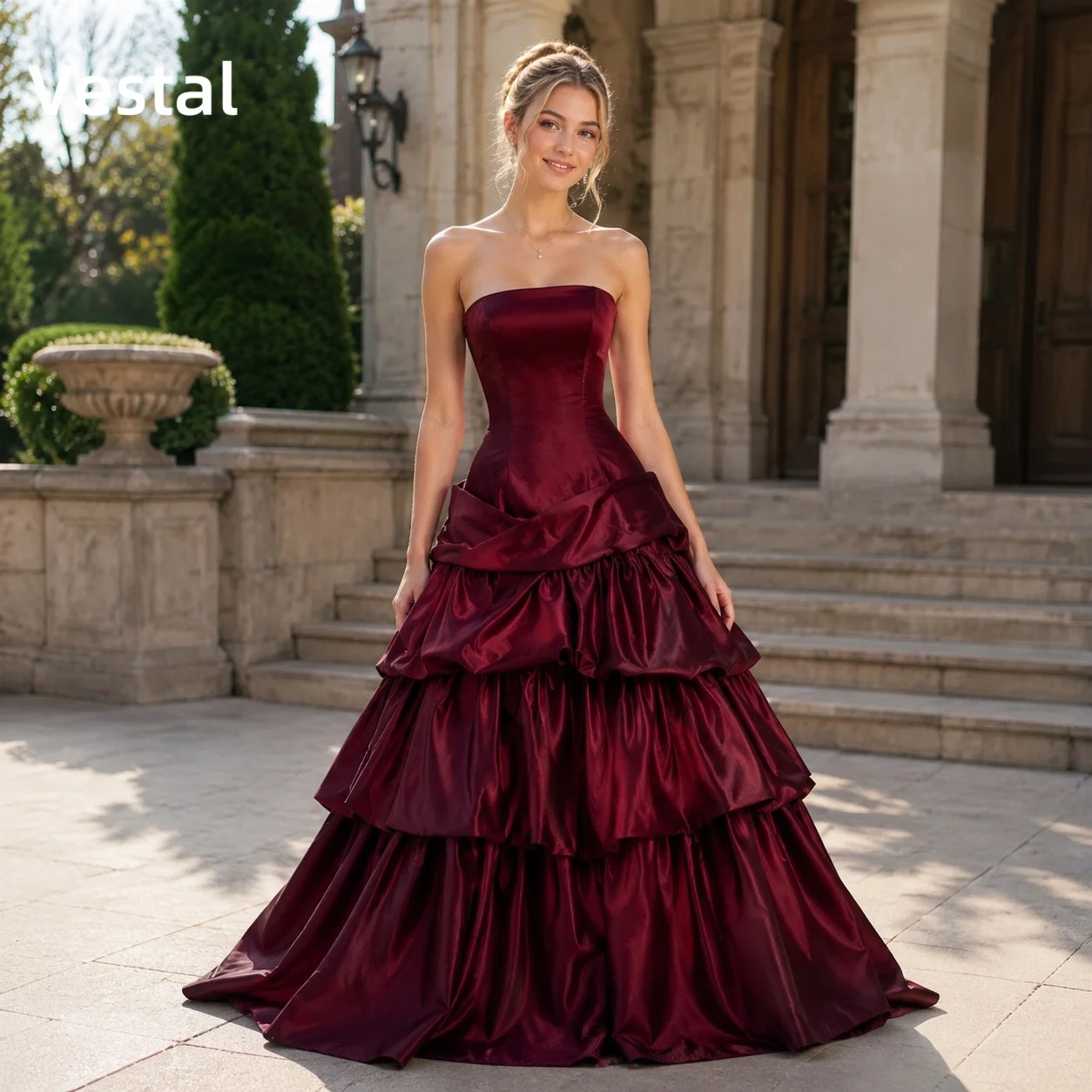 

Burgundy Strapless Satin Ball Gown Tiered Ruffle Prom Dress Floor Length Vestidos de noche Formal Evening Gown Customized