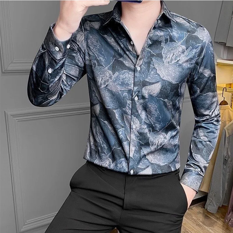 Summer Handsome Retro Loose Casual England Style Men\'s Shirt Irregular Print Polyester Button Lapels Long Sleeve Y2K Chic Tops