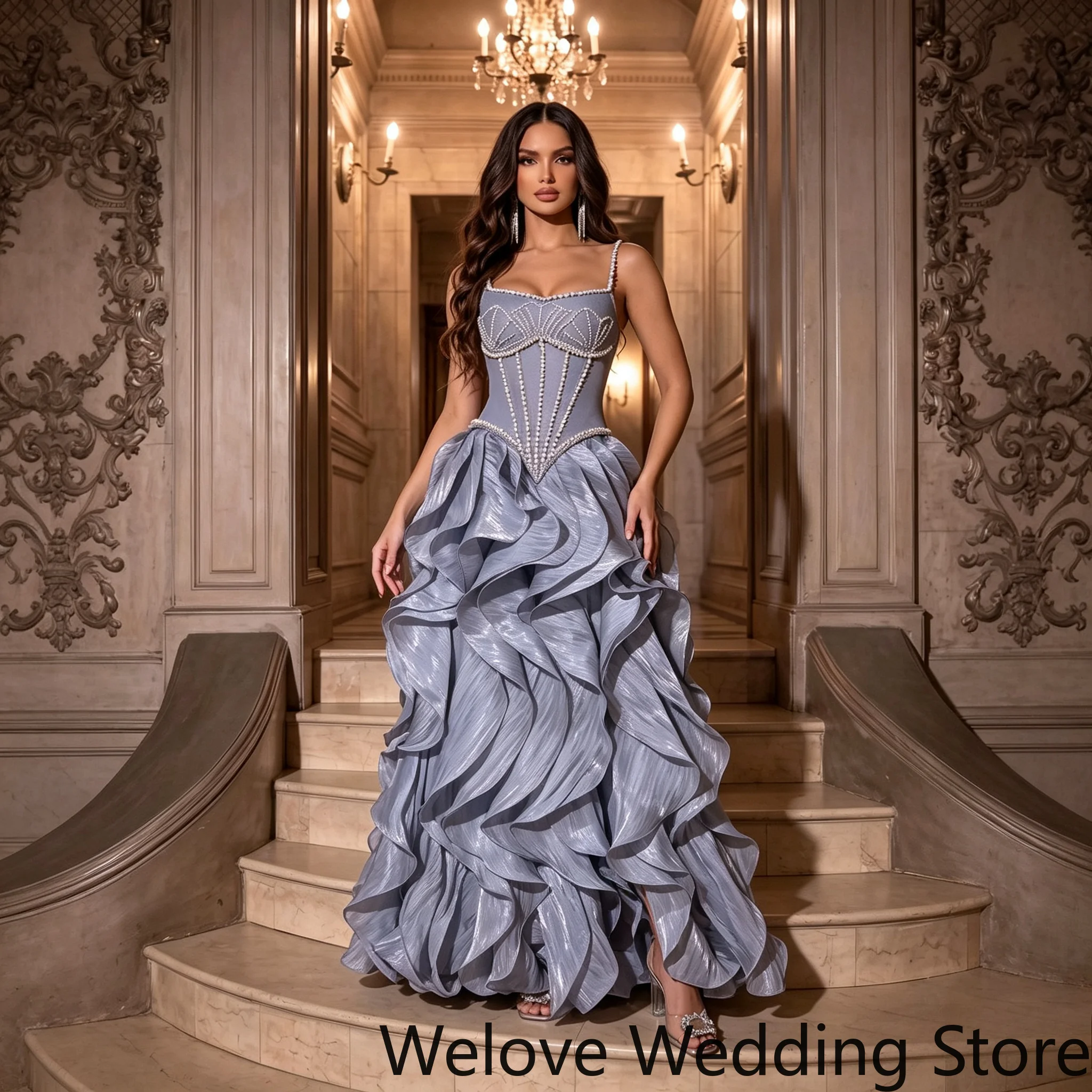 Glamorous Dusty Blue Evening Gown Spaghetti Strap Sweetheart Neck Corset Bodice With Pearl Beaded Trim Multi‑Layer Tiered Ruffle