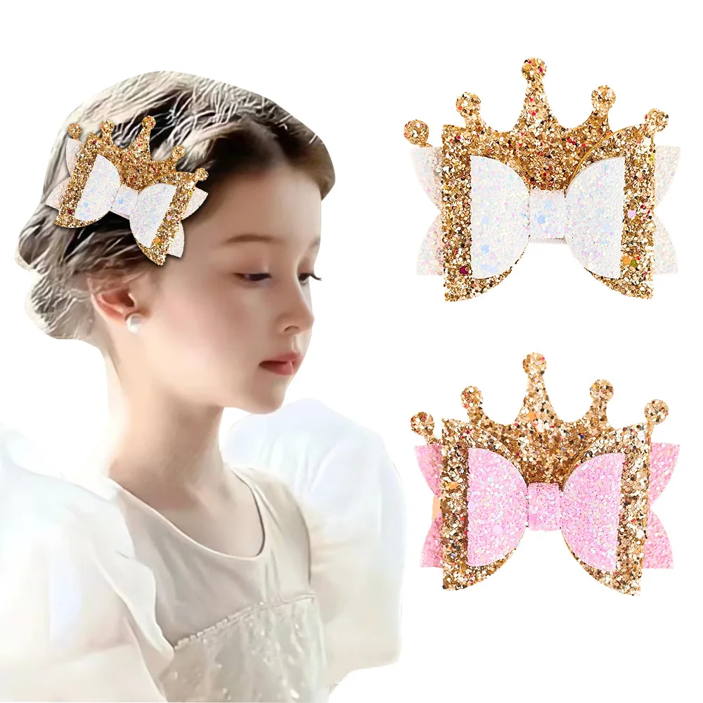 

30 PCS/Lot, 3.2" Sequin Glitter Crown Bow Hair Clips For Princess Kids Girls Hairpins Baby Headwear Hair Accessories