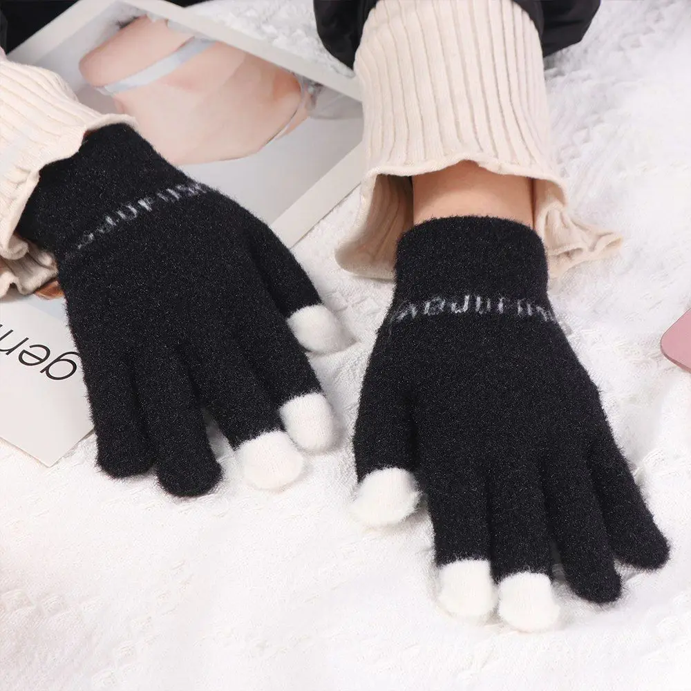 Soft Touch Screen Plush Knitted Gloves Panda Warm Fluffy Mittens Letter Windproof Cute Velvet Gloves Male