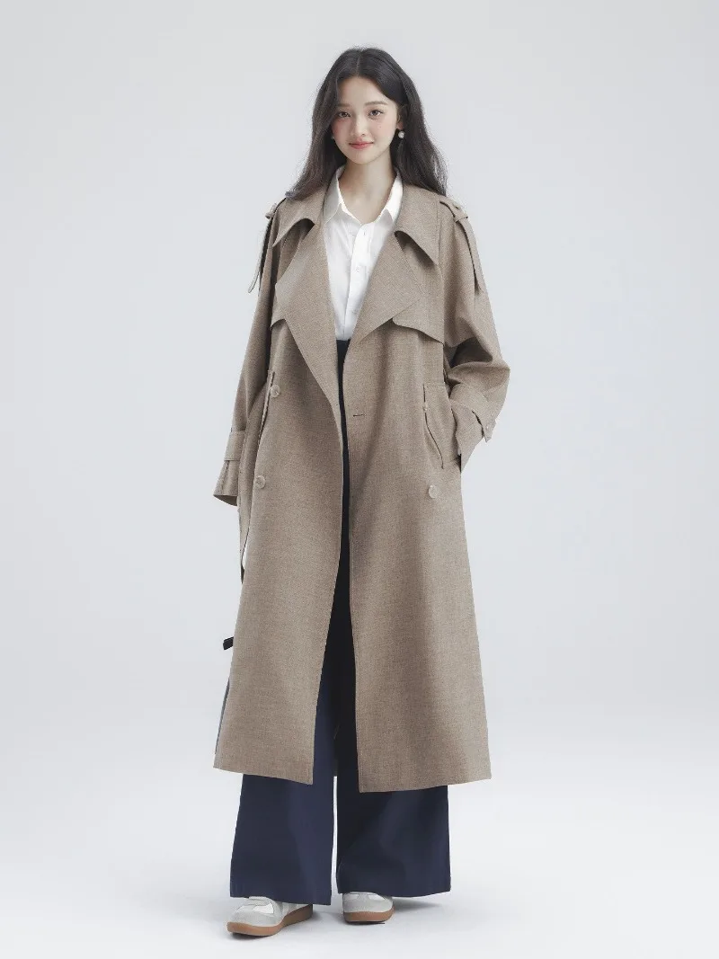 2026 New Windbreaker Jacket Temperament Wide Women's Long Trench Coat Lapel Double-breasted Texture Korean Style Drape Outwear