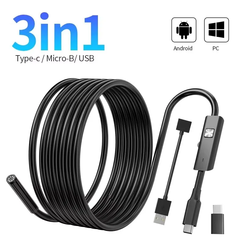 7mm 3IN1 1.5M Microusb/USB/Type C  Android Endoscope Camera Borescope Mini Camera LED Car Inspection For Android PC