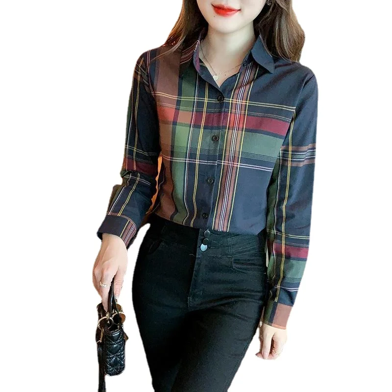 2022 autumn and winter new style plus velvet thick Western-style tops wear casual plaid long-sleeved shirts women