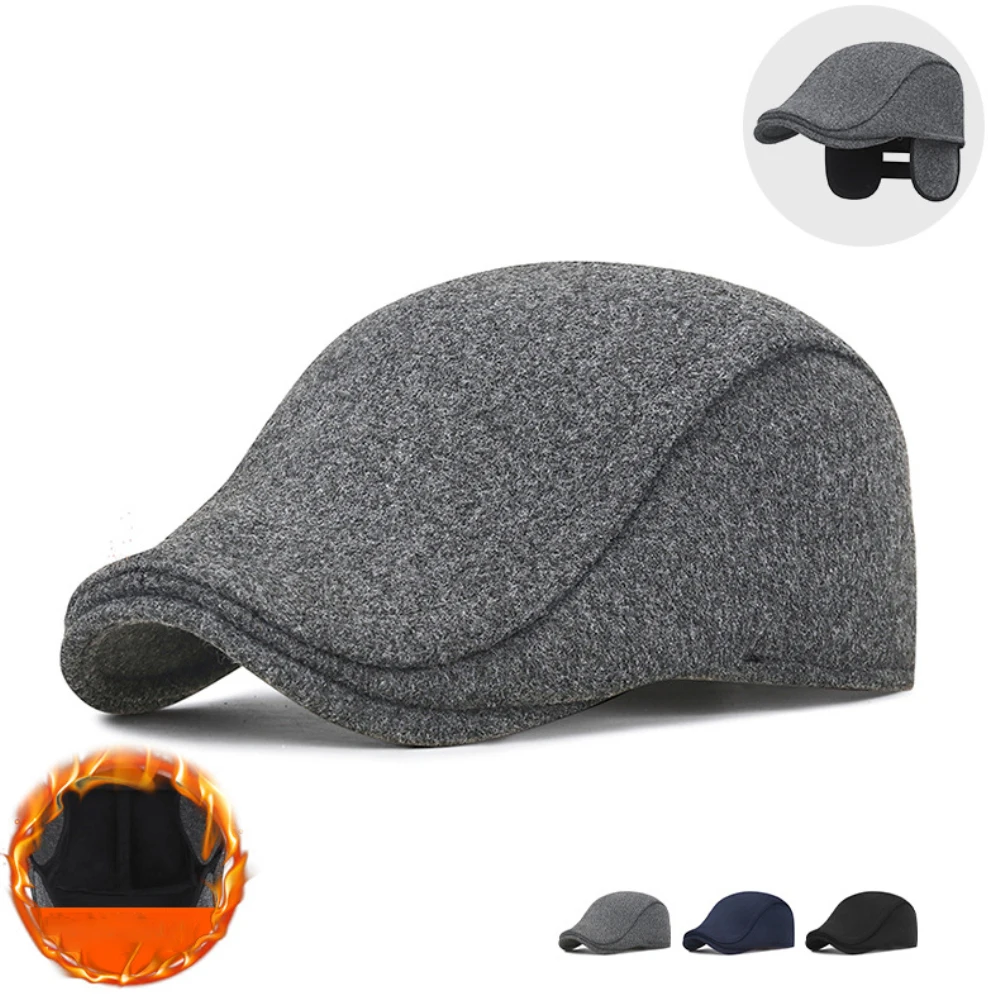

HT4924 Beret Cap Autumn Winter Wool Hats for Men Black Grey Artist Painter Beret Hat with Ear Flaps Male Ivy Flat Cap Mens Beret