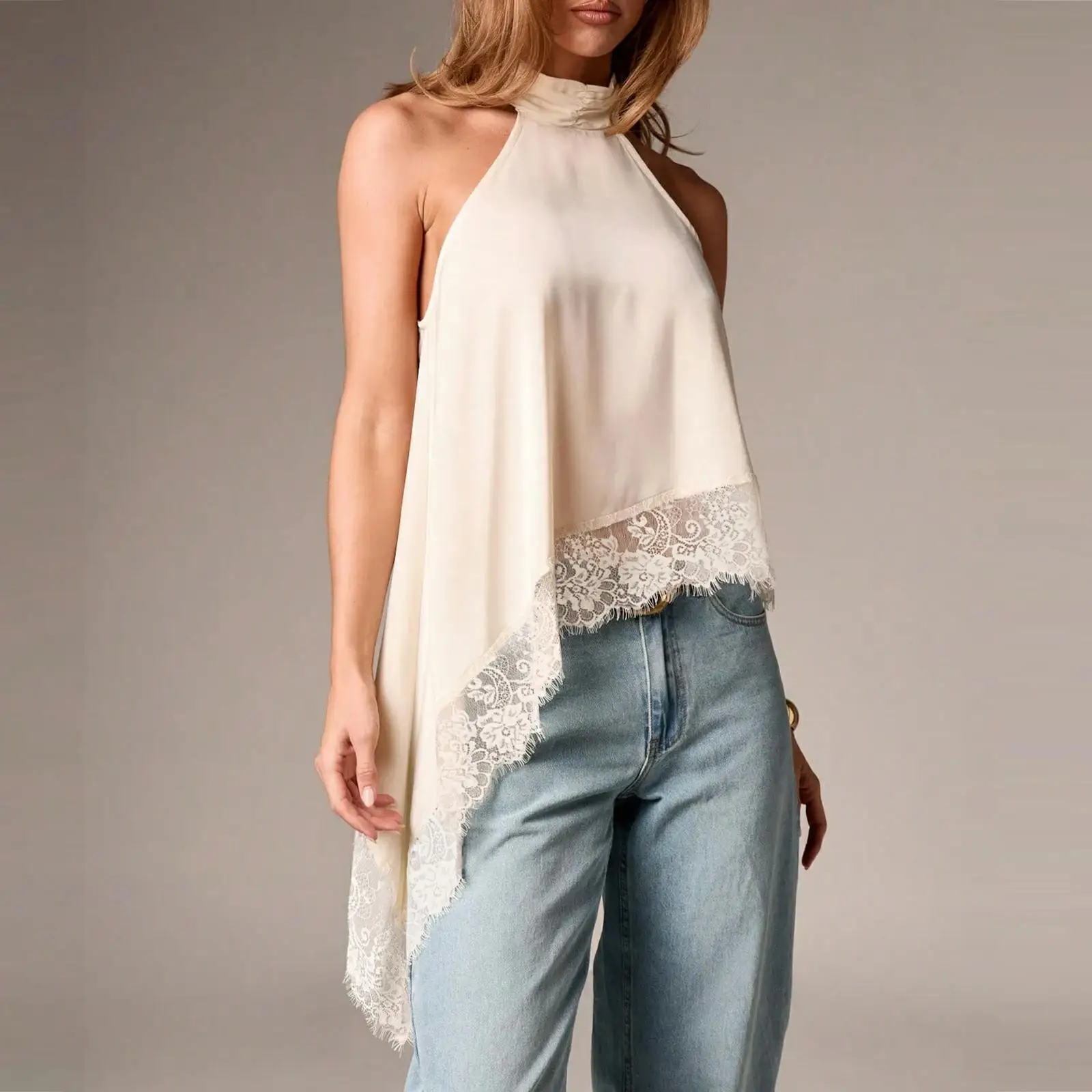 Women Floral Lace Trim Satin Silk High Low Vest Button Draped Choker Halter Neck Asymmetrical Cami Silky Layering Top
