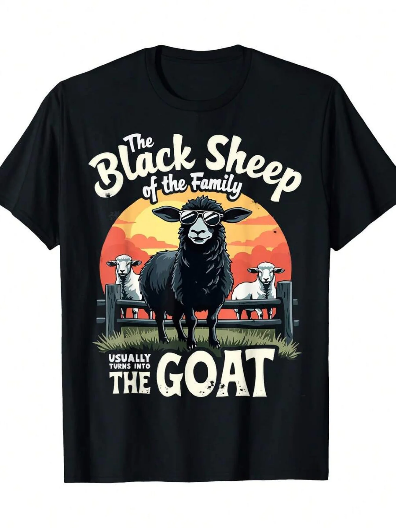 Plus Size[Printed T-Shirt] Black Sheep Family Goat Pattern T-Shirt Casual Round-neck T-shirt, , for Teenager