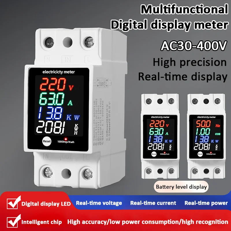 Digitaler Energiezähler AC30-400V LED-Anzeige Voltmeter Amperemeter Watt Frequenz Leistungsmesser Stromüberwachung DIN-Schiene ZS-6035VAKW