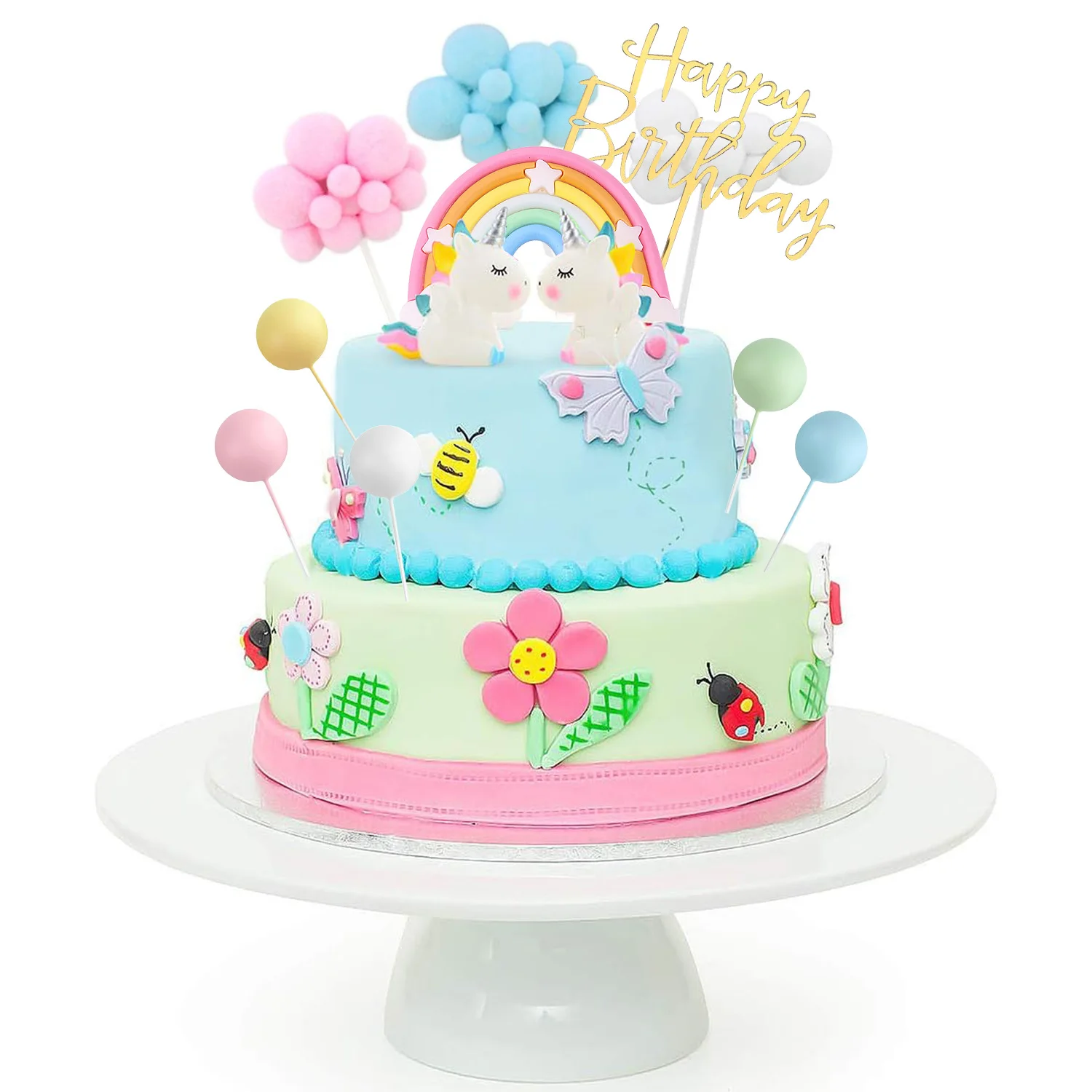 Unicorn Cake Topper Kit Cloud Rainbow Balloon Happy Birthday Banner Cake Decoration For Boy Girl Kid Birthday