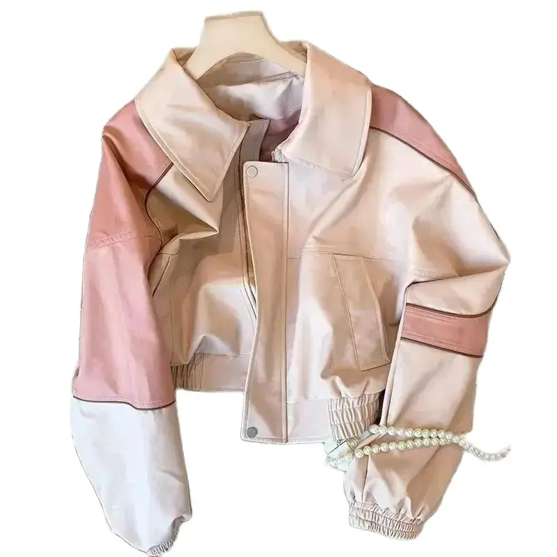 Pink Leather Short Jacket Coat Women\'S Spring 2024 New Motorcycle Jacket Leather Trendy Brand Loose American Style Jacket