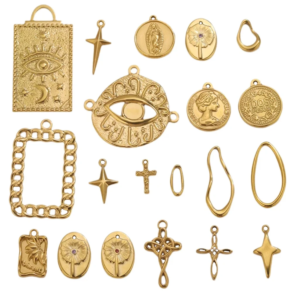 

5PCS Charms Evil Eye Cross Coin Star Religious Pendants 18K Gold Stainless Steel for DIY Necklace Bracelet Jewelry Making Suppli