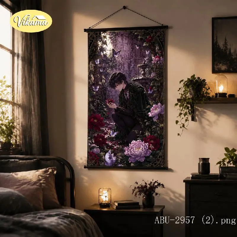 VIKAMA Gothic Anime Boy Tapestry Peony Butterfly Garden Dark Romantic Victorian Art Wall Hanging Bedroom Aesthetic Decor