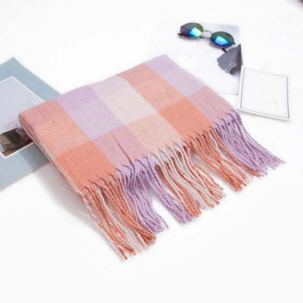 

Soft Classic Plaid Scarf Contrast Color Cold-proof Knitted Wool Shawl Acrylic Fibers Polyester Long Neckscarf with Tassel Women