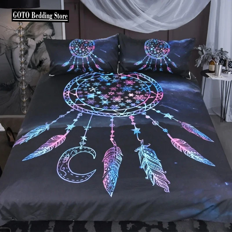 

Bed Linens Microfiber Moon Dreamcatcher Bedding Set Queen Size Feathers Duvet Cover White Bed Set Beautiful Bedclothes Blck