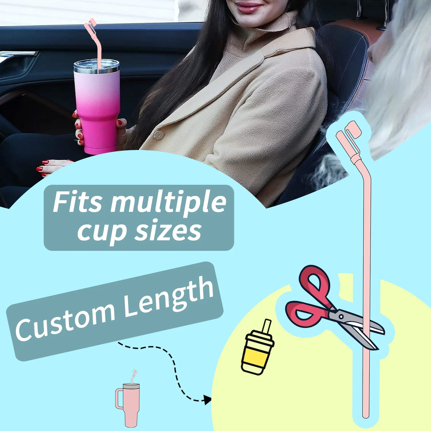 6 Pcs Bent  Replacement 13 inch Long Silicone Straw With Straw Cover,Compatible with Stanley 40 oz 30 oz Cup Tumbler