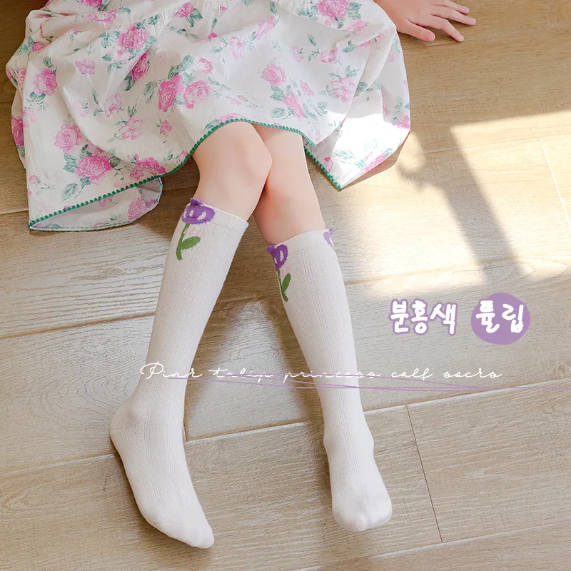 Spring Girls Socks Sweet Floral Pattern Long Socks Kids Cotton Soft Knee Socks For 1-8 Year-old Child 3 Pairs/lot