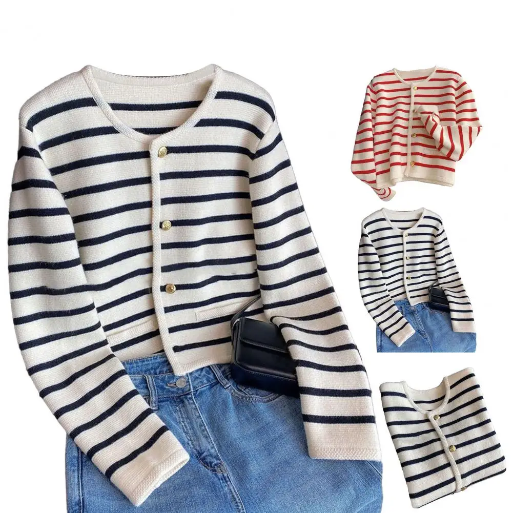 

Women Girl Striped Knitted Sweater O-neck Long Sleeves Single Breasted Jacket Loose Cardigan Knitting Clothes