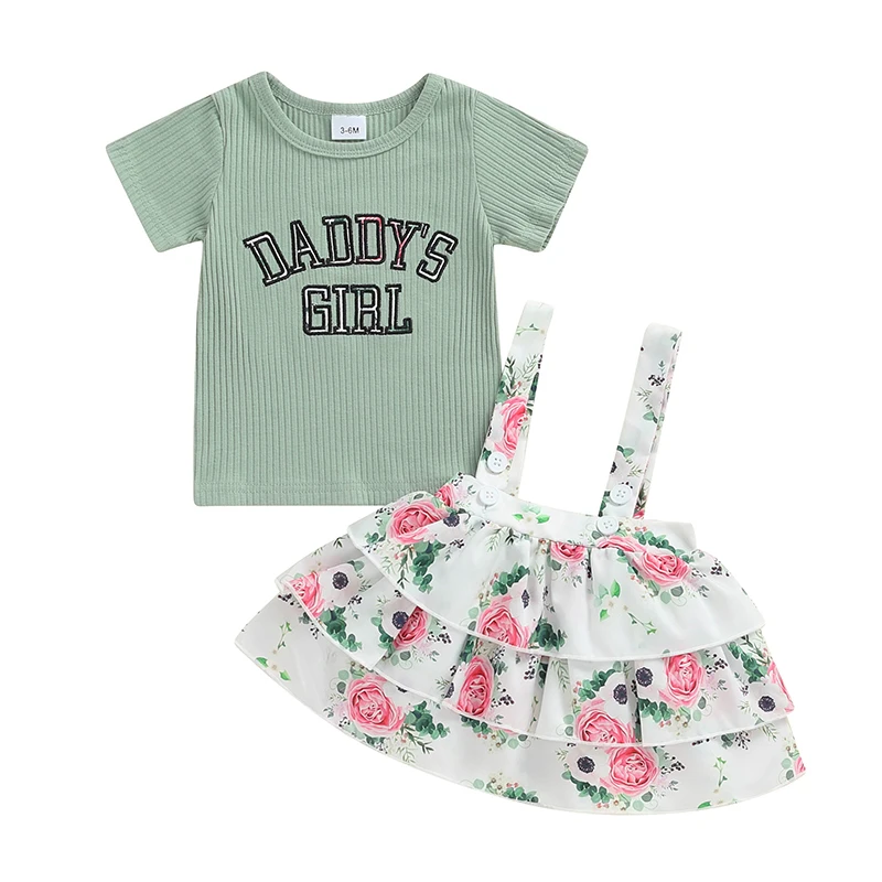 

Baby Girls Skirt Set Short Sleeve Embroidery Letters T-shirt with Flower Print Layered Suspender Skirt Summer Outfit