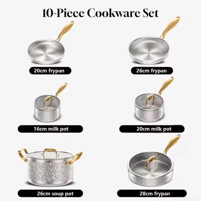 3-Layer 304 Stainless Steel Non-Stick Hammer Cookware Set 10 pcs Household Kitchen Uncoated Soup Pot
