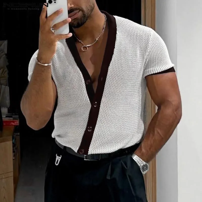 INCERUN Men Shirt Mesh Patchwork V Neck Short Sleeve Summer Men Clothing Streetwear 2025 Fashion Casual Transparent Camisetas