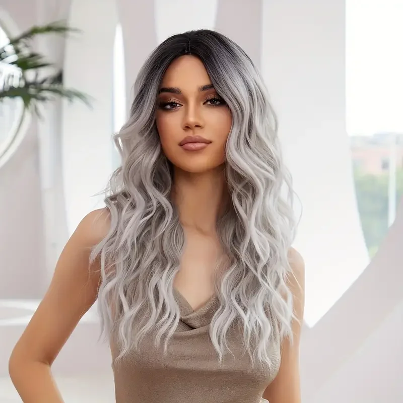 LOUIS FERRE Middle Part Wavy Synthetic Wigs for Black Women Long Black to Gray Ombre Wigs Daily Party Heat Resistant Fake Hair