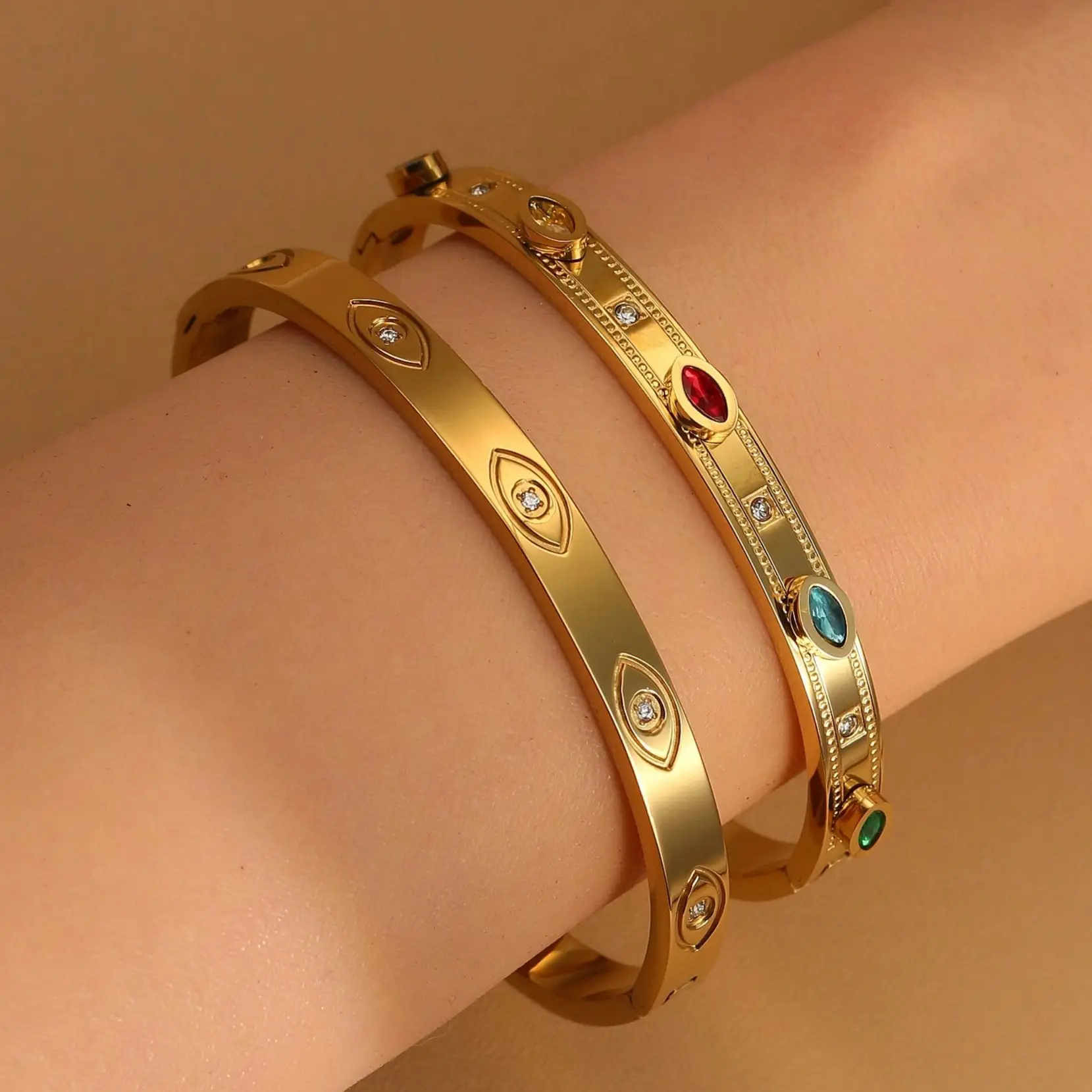B009 Hot Selling Fashion Stacking Stainless Steel Color Crystal Charm Gold Color Bracelet Women's Jewellery Bangle Wedding Gifts