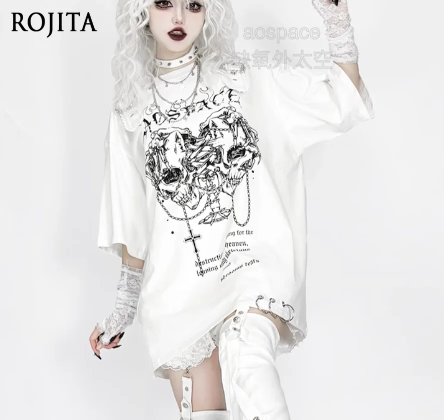 Short Sleeve Printed White T-Shirt women Original Subculture Punk Double Skull Print Dark Short Sleeve Women Clothing T-Shirt