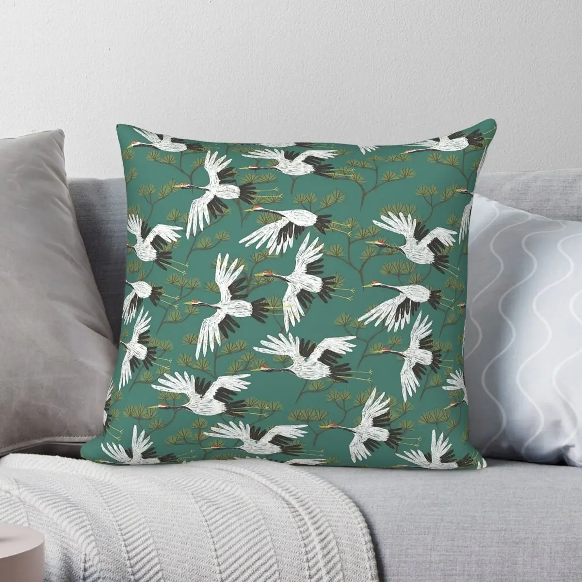 Japanese Crane Teal Square Pillowcase Polyester Linen Velvet Pattern Decorative Throw Pillow Case Bed Cushion Cover 45x45