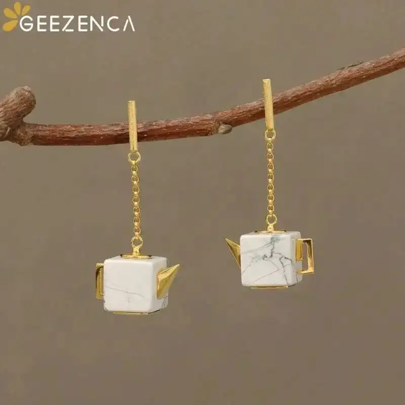 

GEEZENCA, серебро 925 пробы, золото 18 карат, белая бирюза, массивные серьги в форме чайника для женщин, дизайнерские модные висячие серьги, подарок на вечеринку