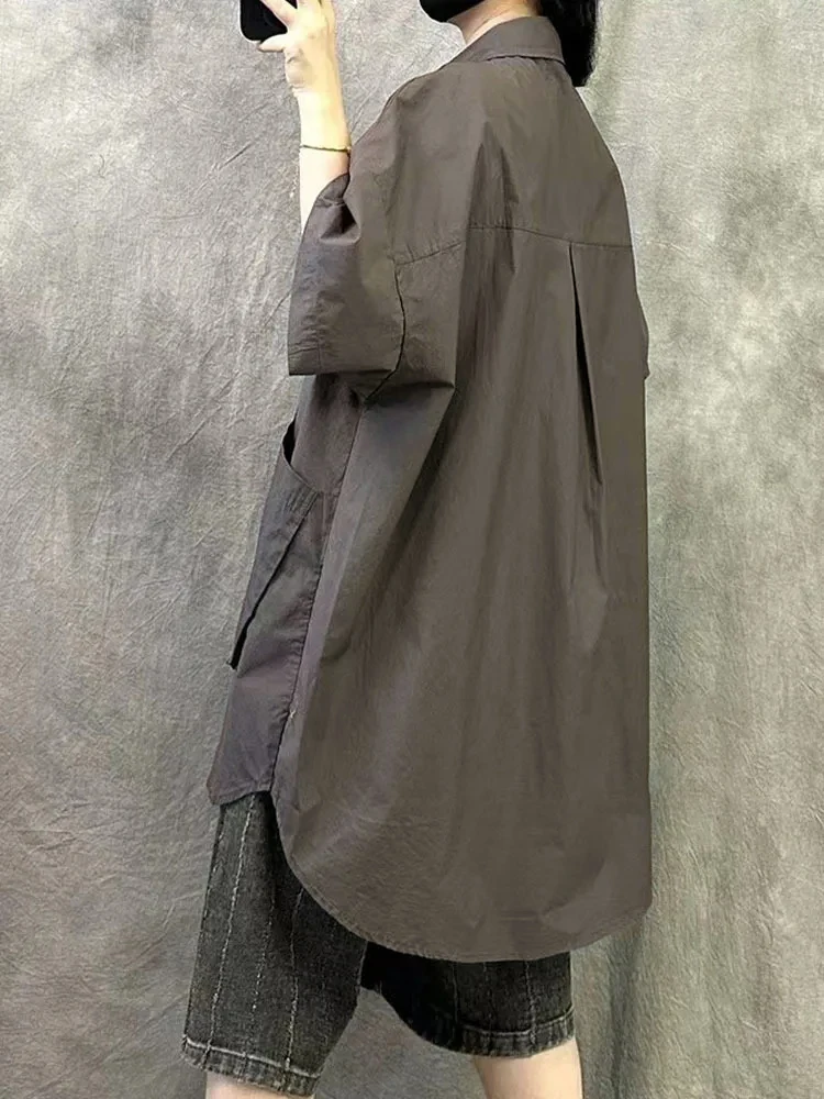 Amax LuluE 韓国夏の女性のファッションビッグサイズシャツレディースクラシックヴィンテージブラウスルーズカジュアルロングトップス Soild 綿の服