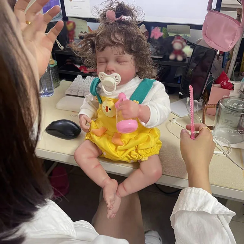 19inch Popular Loulou with Curly Hair Bebe Reborn Dolls Newborn Sleeping Baby Lifelike Baby Toys for Kids Girls Visible Veins