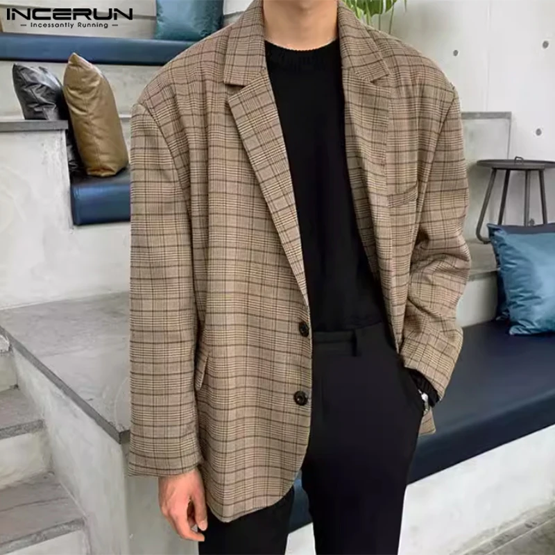 

INCERUN Men Blazer Plaid Lapel Long Sleeve Button Casual Suits Men Streetwear 2025 Autumn Fashion Leisure Male Coats S-5XL
