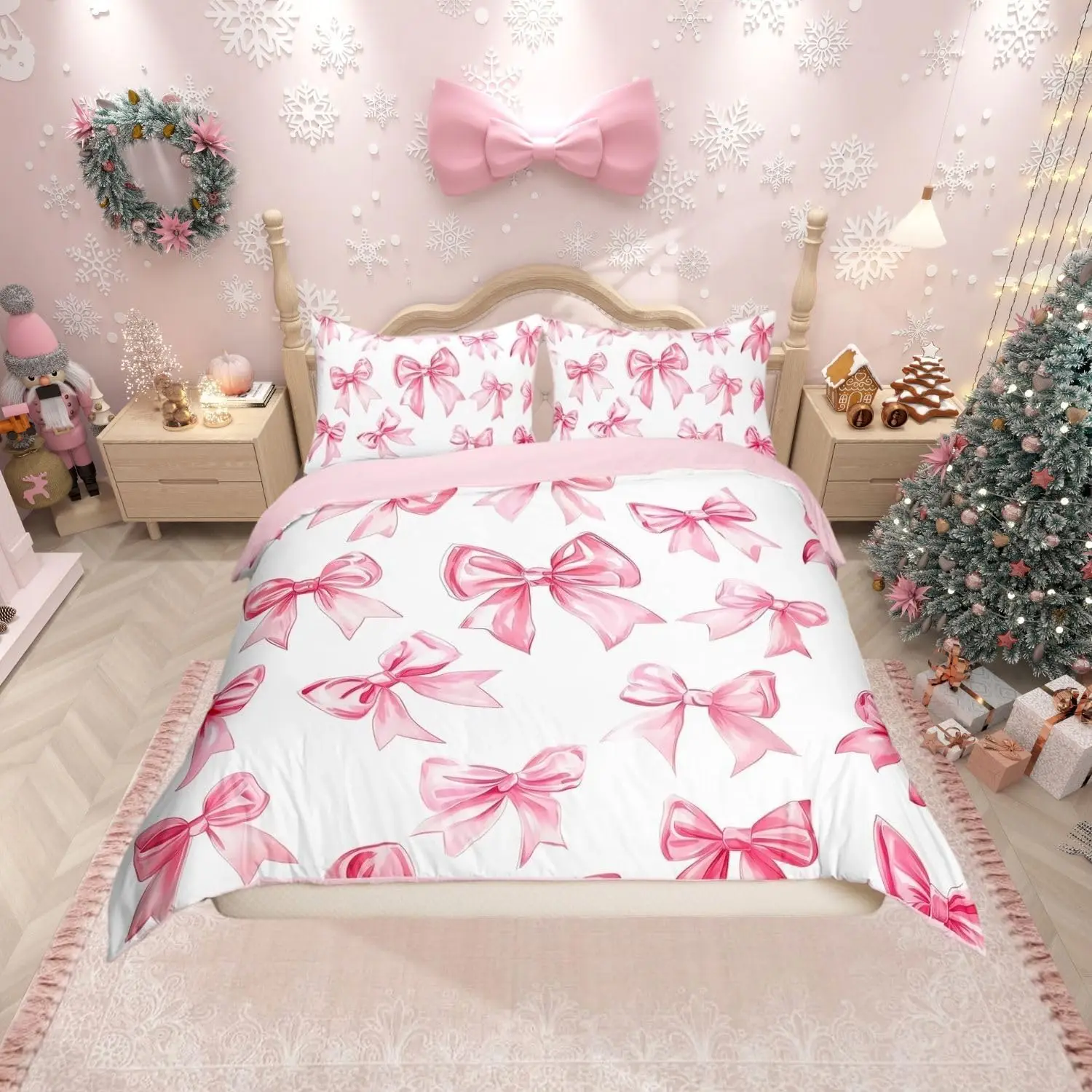 Pink Bow Duvet Cover Set Single Size With 1 Pillowcase Dreamy Princess Style Bedding Set For Kids Girls Teens