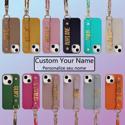 Lanyard Luxury Personalized Initials Metal Name Letters Crossbody Leather Phone Case For iPhone 16 15 14 13 12 11 Pro Max Cover