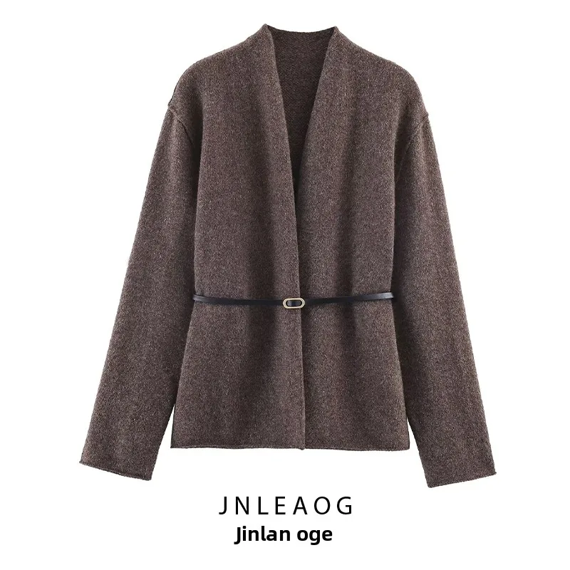 

Faionable Knitted Outerwear with Belt Autumn New Arrival Women's Clothing JNLEAOG Polyester Fiber Long Sve Regular Length