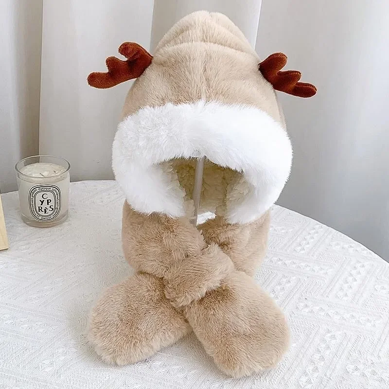 Winter Baby Hat Scarf One-Piece Faux Fur Kids Hats Cartoon Bear Warm Neck Ear Cap for Boys Girls Windproof Beanies Infant Stuffs