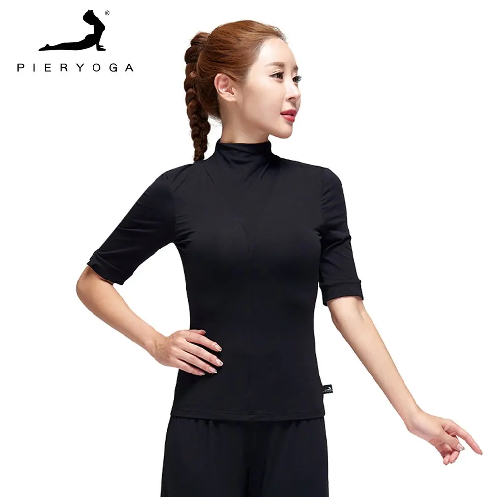 

Pieryoga Women High Collar Yoga Clothing Active Running Shirt Stretch Quick-drying T-shirt with Middle Sleeve