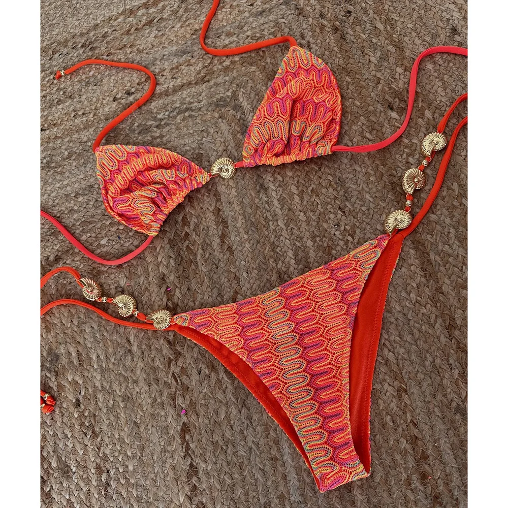 2025 Bikinis con cuello Halter, traje de baño para mujer, nuevo traje de baño Sexy, conjunto de Bikini tejido, Bikini brasileño, Micro ropa de playa para mujer, ropa de fiesta