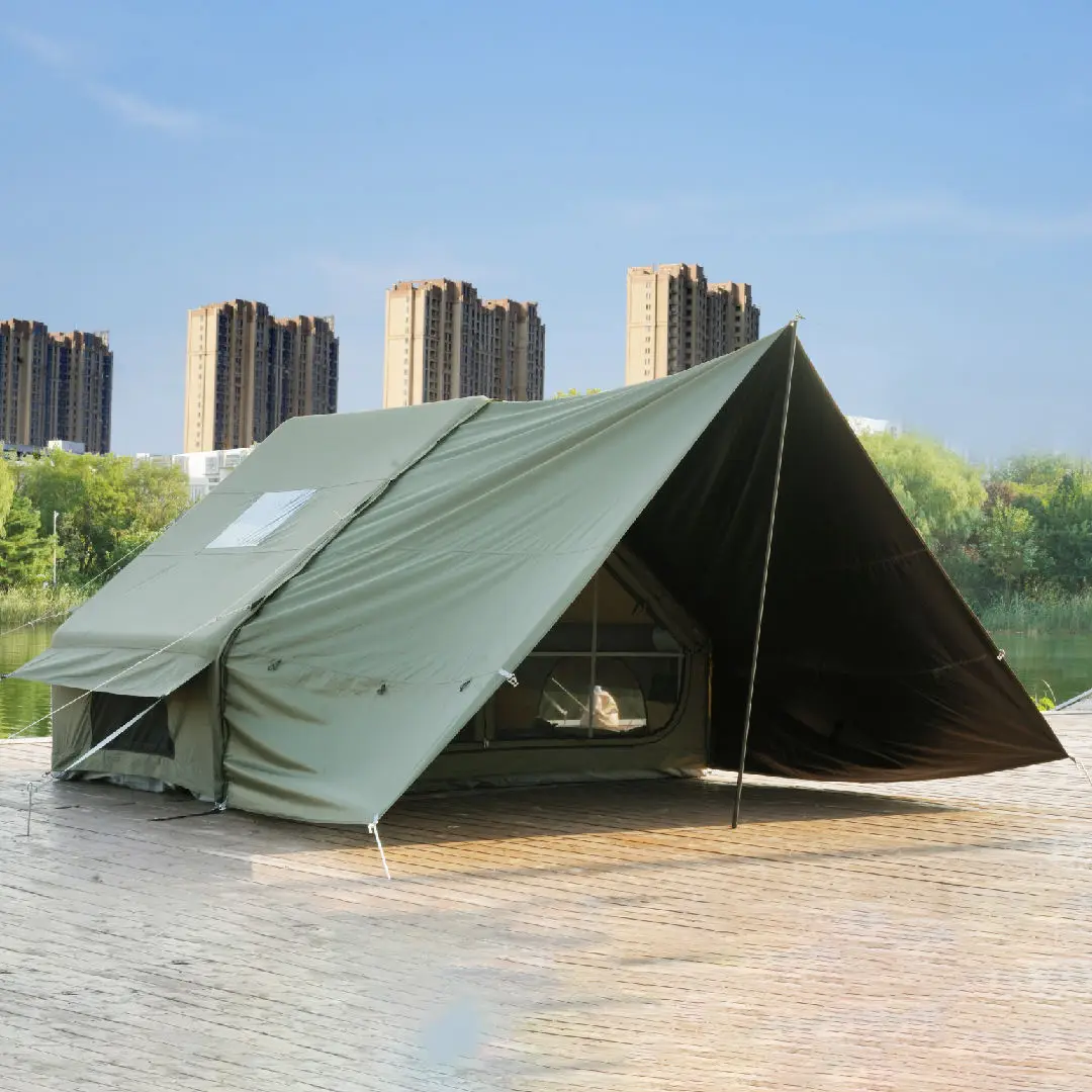 Inflatable Camping Tent, 12.6m2 Technical Cotton Canvas Air Tent with Extended Canopy