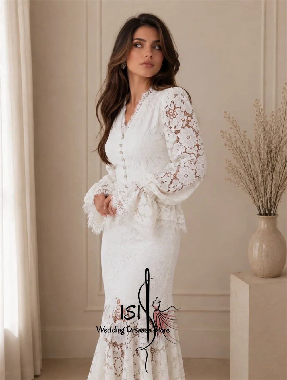 ISI Elegant Mermaid Bridal Gown For Bridal Lace Button Long Sleeves Ankle Length Pleat Wedding Party Dress Customized