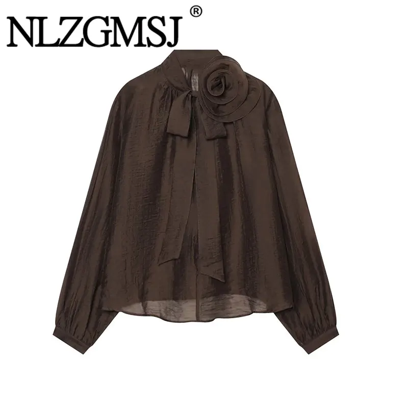 Nlzgmsj 2026 Autumn Women Chiffon Blouse 3D Flower Decor Bow Tie Collar Long Sleeve Puff Sleeve Loose Elegant Female Shirt
