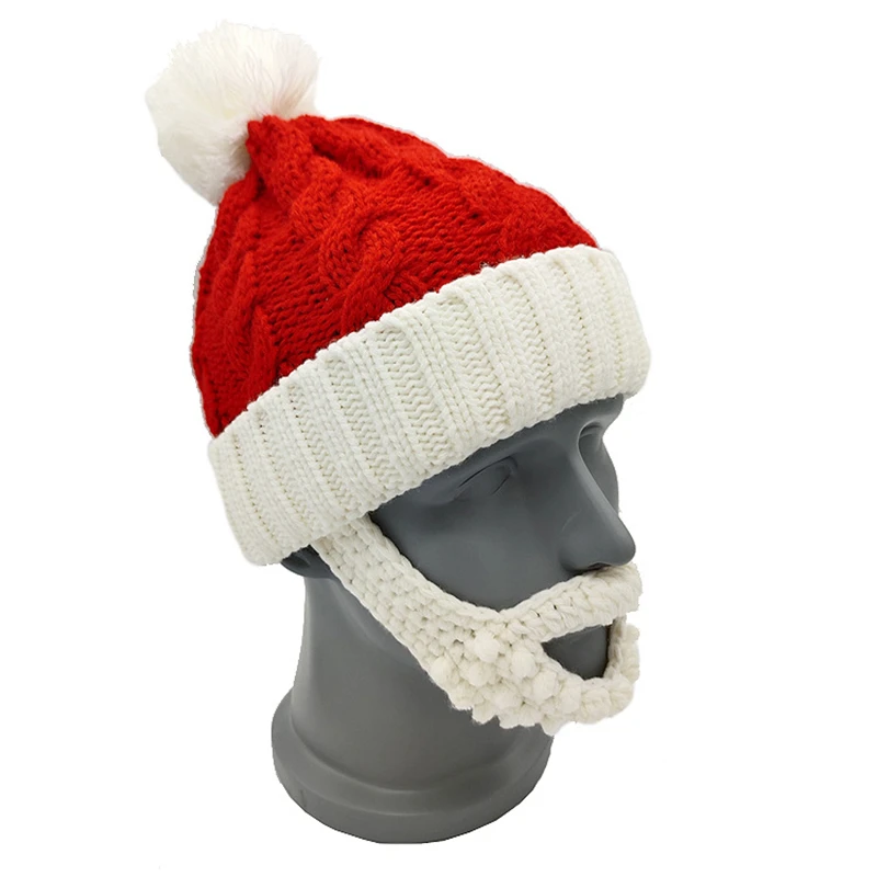 Knitted Christmas Hat Beard Head Santa Beard Hat Original Handmade Knit Warm Xmas Claus Hat with Beard Headwear for Adult Kid